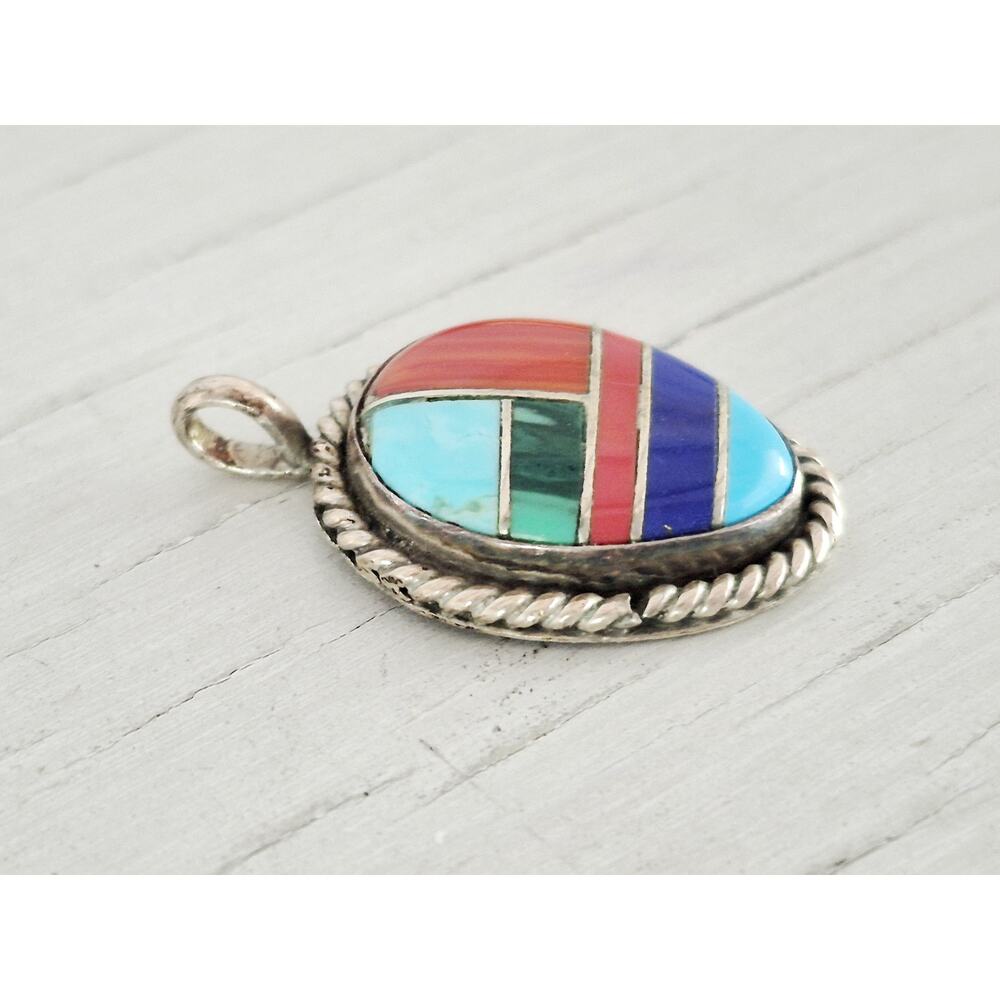Vintage Sterling Silver NA Inlay Turquoise Coral Malachite Lapis Pendant - Picture 2 of 4